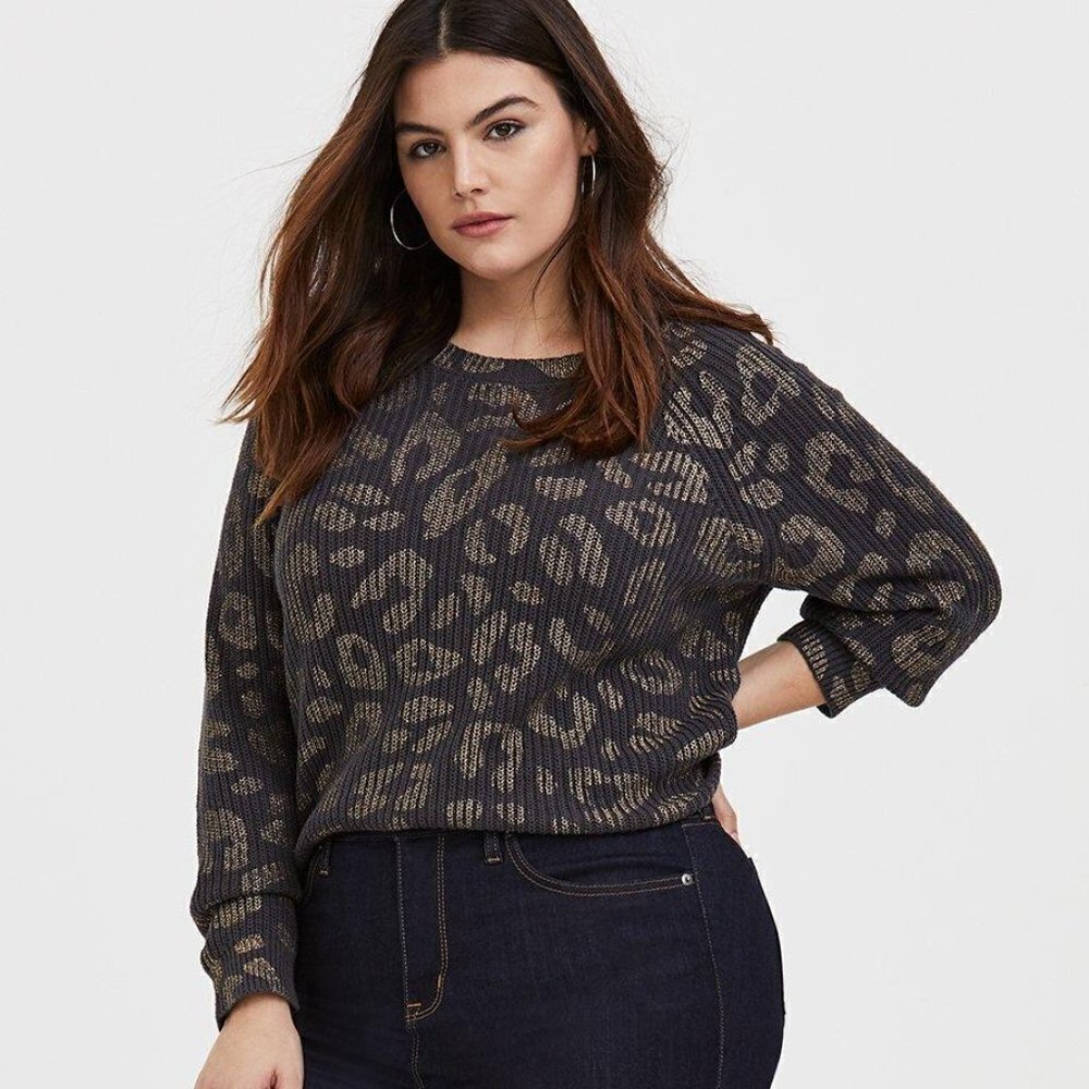 Torrid Dark Grey & Gold Foil Leopard Rib Pullover Sweater 2x NWT